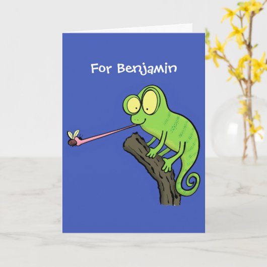 Cute grappige groene chameleon lizard cartoon kaart (Gele Bloem)