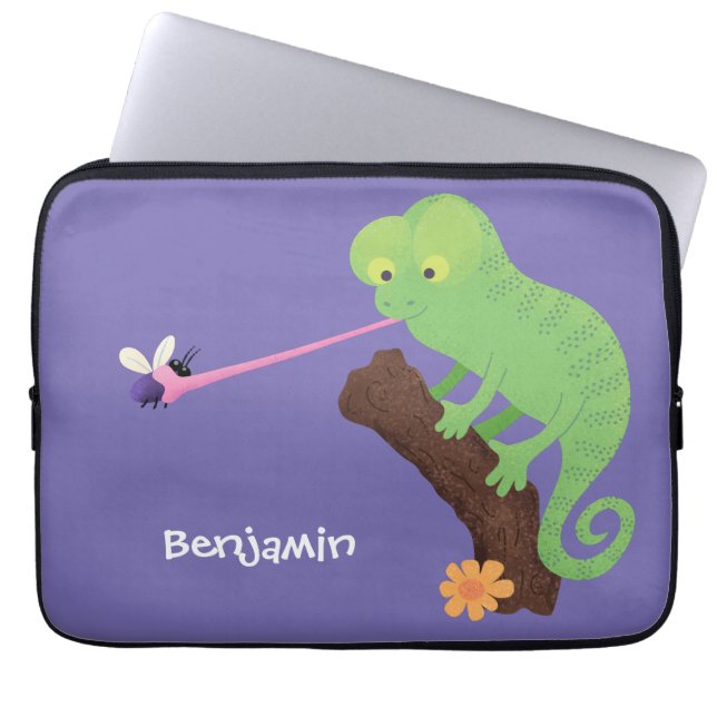 Cute grappige groene chameleon lizard cartoon laptop sleeve (Voorkant)