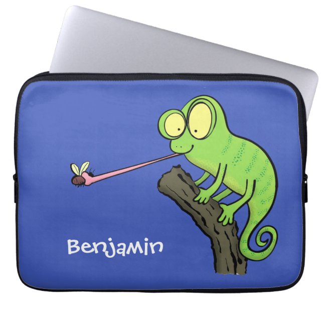 Cute grappige groene chameleon lizard cartoon laptop sleeve (Voorkant)
