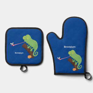 Cute grappige groene chameleon lizard cartoon ovenwant & pannenlap set