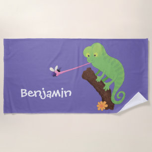 Cute grappige groene chameleon lizard cartoon strandlaken