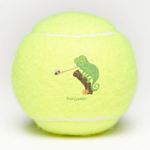 Cute grappige groene chameleon lizard cartoon tennisballen