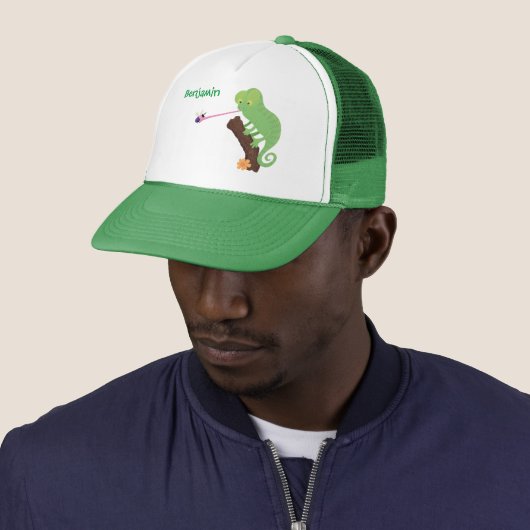 Cute grappige groene chameleon lizard cartoon trucker pet (In situ)