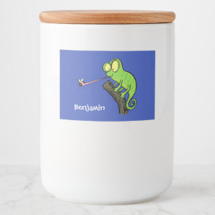 Cute grappige groene chameleon lizard cartoon voedselcontainer etiket
