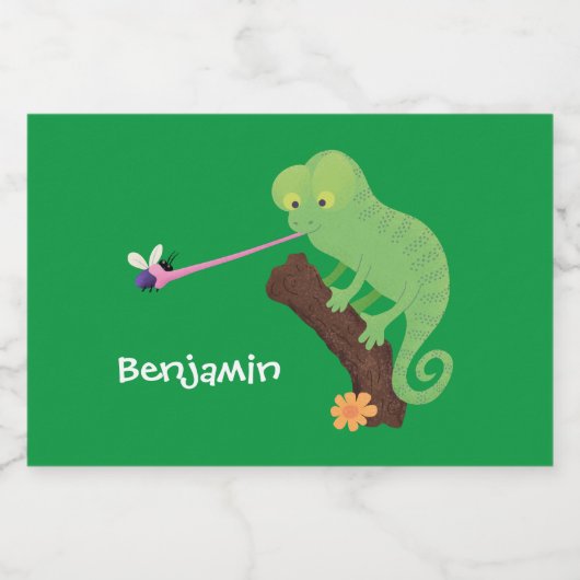 Cute grappige groene chameleon lizard cartoon voedselcontainer etiket (Enkel label)