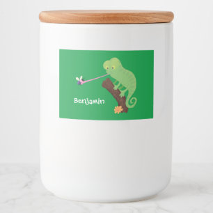 Cute grappige groene chameleon lizard cartoon voedselcontainer etiket