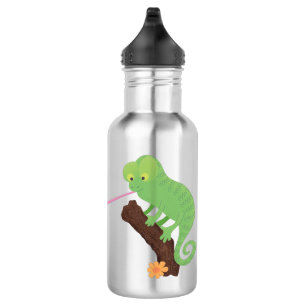 Cute grappige groene chameleon lizard cartoon waterfles 
