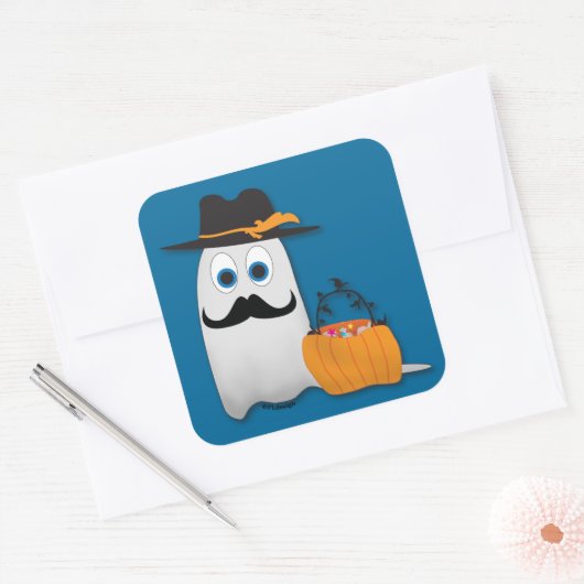 Cute grappige Halloween geest met Cool mustache Vierkante Sticker (Envelop)