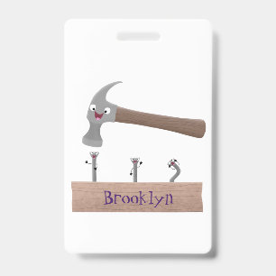 Cute, grappige hamer en nagels cartoon illustratie badge