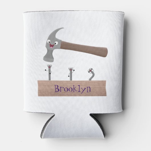 Cute, grappige hamer en nagels cartoon illustratie blikjeskoeler (Voorkant)