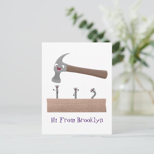 Cute, grappige hamer en nagels cartoon illustratie briefkaart (Staand voorkant)