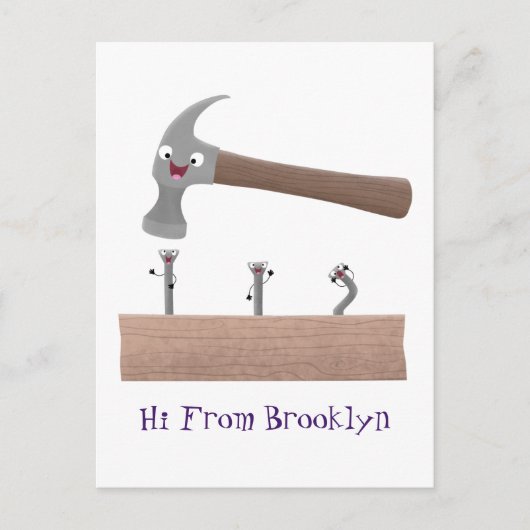 Cute, grappige hamer en nagels cartoon illustratie briefkaart (Voorkant)