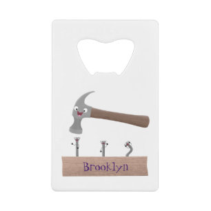 Cute, grappige hamer en nagels cartoon illustratie creditkaart flessenopener
