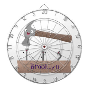 Cute, grappige hamer en nagels cartoon illustratie dartbord