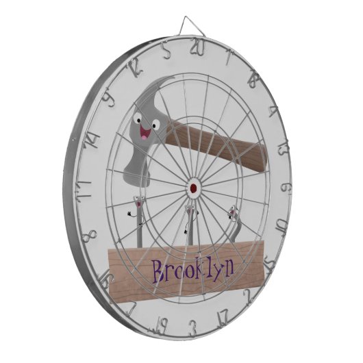 Cute, grappige hamer en nagels cartoon illustratie dartbord (Voorkant Links)
