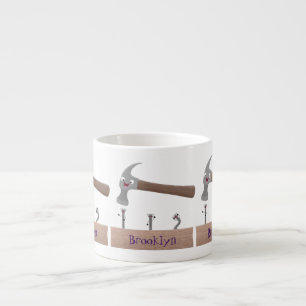 Cute, grappige hamer en nagels cartoon illustratie espresso kop