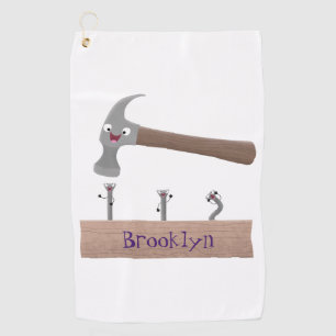 Cute, grappige hamer en nagels cartoon illustratie golfhanddoek
