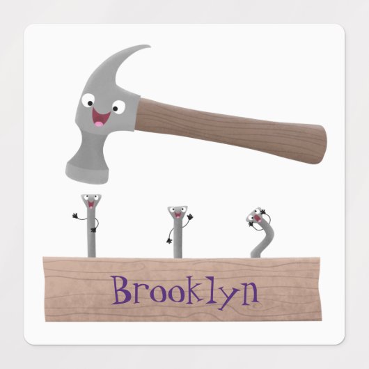 Cute, grappige hamer en nagels cartoon illustratie labels (Design 2)