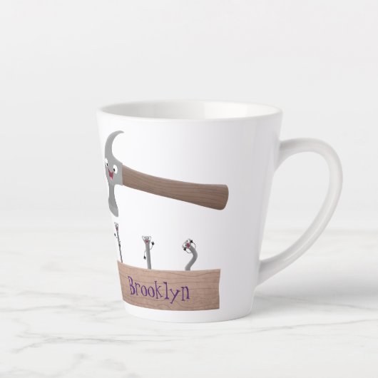 Cute, grappige hamer en nagels cartoon illustratie latte mok (Rechts)