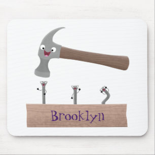 Cute, grappige hamer en nagels cartoon illustratie muismat