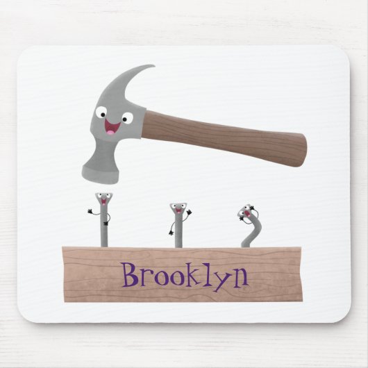 Cute, grappige hamer en nagels cartoon illustratie muismat (Voorkant)