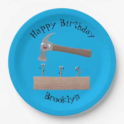 Cute, grappige hamer en nagels cartoon illustratie papieren bordje (Voorkant)