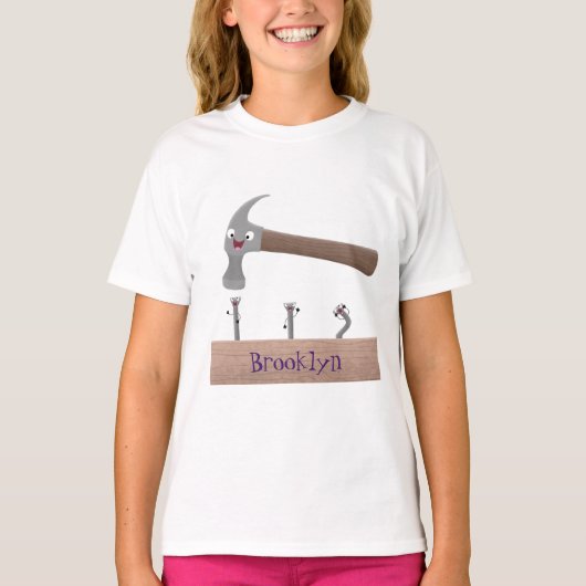 Cute, grappige hamer en nagels cartoon illustratie t-shirt (Voorkant)