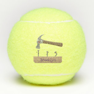 Cute, grappige hamer en nagels cartoon illustratie tennisballen
