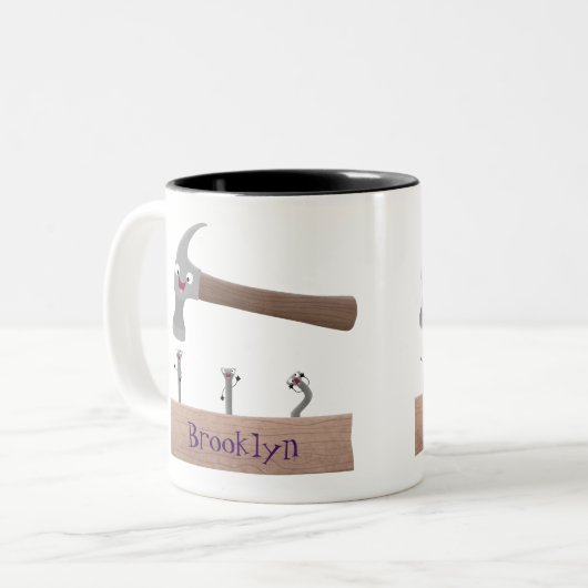 Cute, grappige hamer en nagels cartoon illustratie tweekleurige koffiemok (Voorkant links)