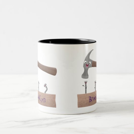 Cute, grappige hamer en nagels cartoon illustratie tweekleurige koffiemok (Center)