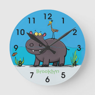 Cute grappige hippopotamus met vogelronde cartoon ronde klok
