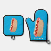 Cute grappige hotdog Weiner cartoon Ovenwant & Pannenlap Set (Voorkant)