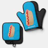 Cute grappige hotdog Weiner cartoon Ovenwant & Pannenlap Set (Voorkant / Achterkant)