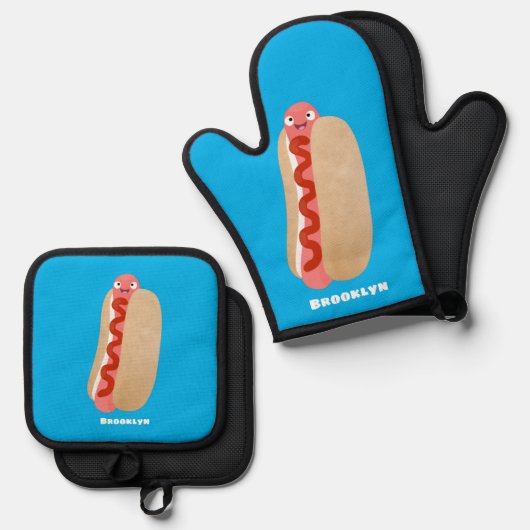 Cute grappige hotdog Weiner cartoon Ovenwant & Pannenlap Set (Voorkant / Achterkant)