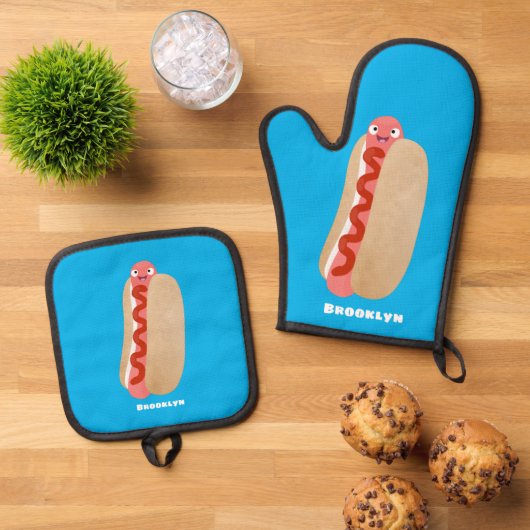 Cute grappige hotdog Weiner cartoon Ovenwant & Pannenlap Set (Top down)