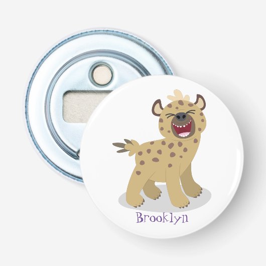 Cute grappige hyena lachende cartoon illustratie button flesopener (Voorkant)