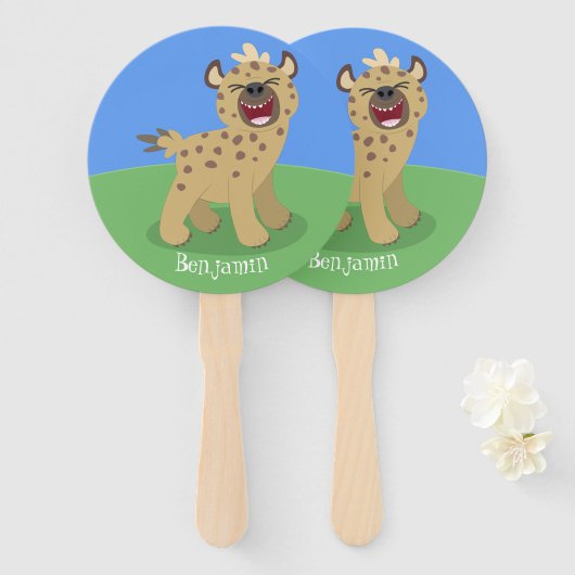 Cute grappige hyena lachende cartoon illustratie handwaaier (Voorkant en achterkant)