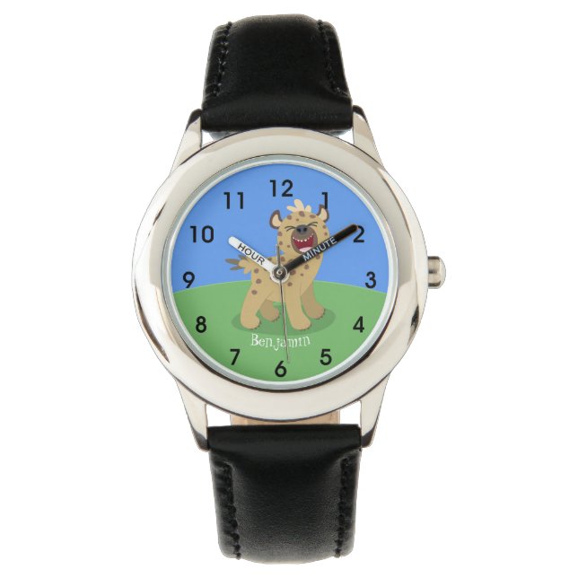 Cute grappige hyena lachende cartoon illustratie horloge (Voorkant)