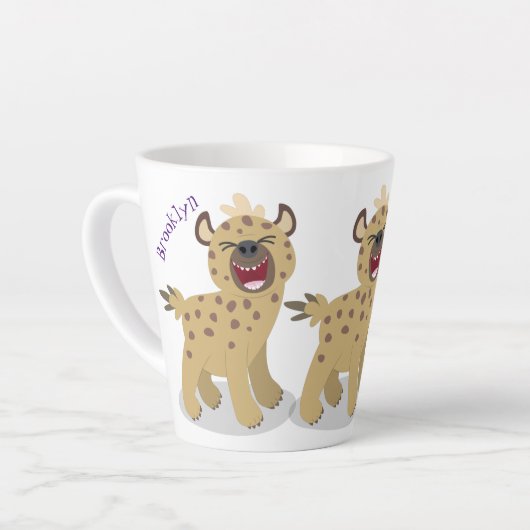 Cute grappige hyena lachende cartoon illustratie latte mok (Linkerhoek)