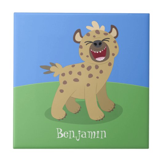 Cute grappige hyena lachende cartoon illustratie tegeltje (Voorkant)