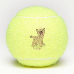 Cute grappige hyena lachende cartoon illustratie tennisballen