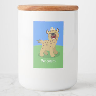 Cute grappige hyena lachende cartoon illustratie voedselcontainer etiket