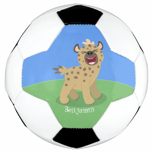 Cute grappige hyena lachende cartoon illustratie voetbal (Voorkant)