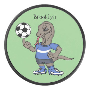 Cute grappige Komodo dragon die voetbal cartoon sp Hockey Puck