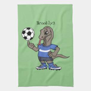 Cute grappige Komodo dragon die voetbal cartoon sp Theedoek