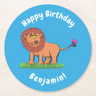 Cute grappige leeuw met vlinder cartoon ronde kartonnen onderzetter