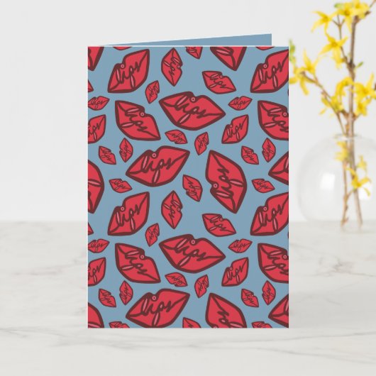 Cute Grappige Lippen Patroon Blauwe Achtergrond Kaart (Gele Bloem)