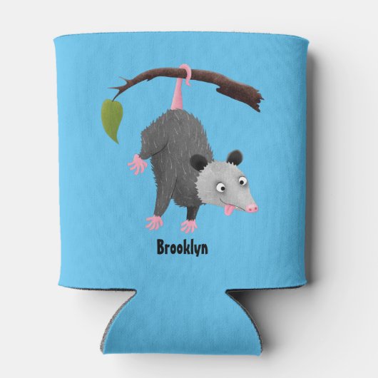 Cute grappige opossum aan de cartoon van de tak blikjeskoeler (Achterkant)