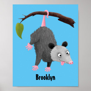 Cute grappige opossum aan de cartoon van de tak poster