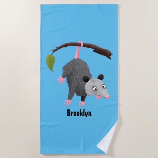 Cute grappige opossum aan de cartoon van de tak strandlaken (Voorkant)
